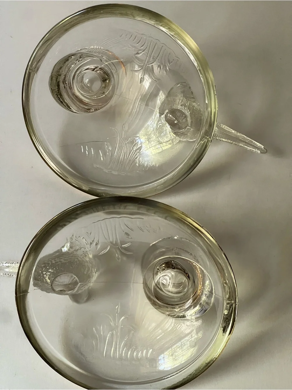 Clear Glass Bird Candle Holders with Gold Trim - Pair-by Jeanette Glass